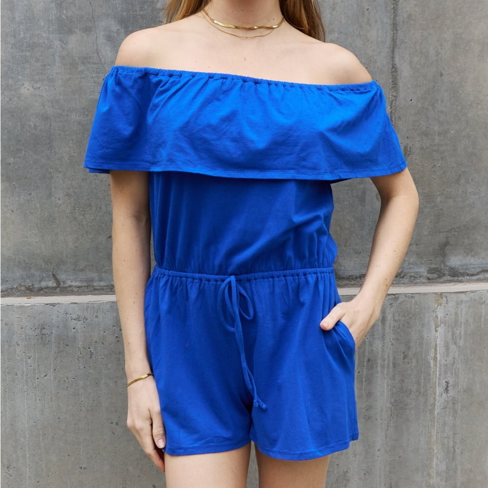 Culture Code Royal Blue Drawstring Off The Shoulder Flutter Sleeve Romper